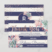 Roze Cactus Navy Stripes Roos Gold Dank u Bedankkaart (Voorkant / Achterkant)