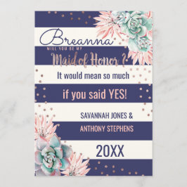 Roze Cactus Navy Stripes Roos Gold Maid of Honor Kaart