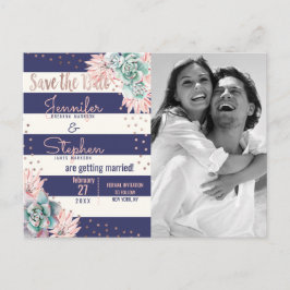 Roze Cactus Navy Stripes Roos Gold Save the Date Aankondigingskaart