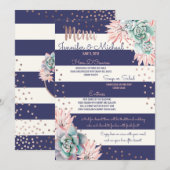 Roze Cactus Navy Stripes Roos Gold Wedding Menu (Voorkant / Achterkant)