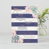 Roze Cactus Navy Stripes Roos Gold Wedding Menu (Staand voorkant)