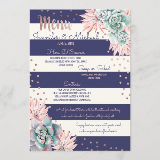 Roze Cactus Navy Stripes Roos Gold Wedding Menu (Voorkant)