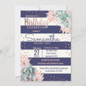 Roze Cactus Navy Stripes Roos Gouden Verjaardagsfe Kaart (Voorkant)