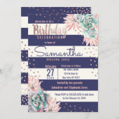 Roze Cactus Navy Stripes Roos Gouden Verjaardagsfe Kaart (Voorkant / Achterkant)