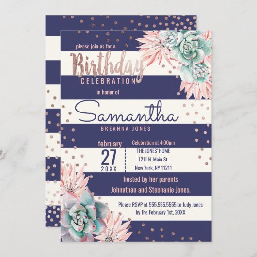 Roze Cactus Navy Stripes Roos Gouden Verjaardagsfe Kaart (Voorkant / Achterkant)