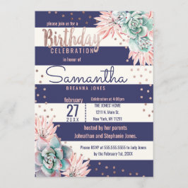 Roze Cactus Navy Stripes Roos Gouden Verjaardagsfe Kaart