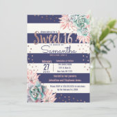 Roze Cactus Navy Stripes Roos Sweet 16 Invitations Kaart (Staand voorkant)
