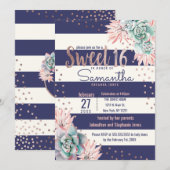 Roze Cactus Navy Stripes Roos Sweet 16 Invitations Kaart (Voorkant / Achterkant)
