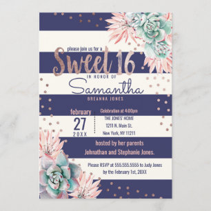 Roze Cactus Navy Stripes Roos Sweet 16 Invitations Kaart