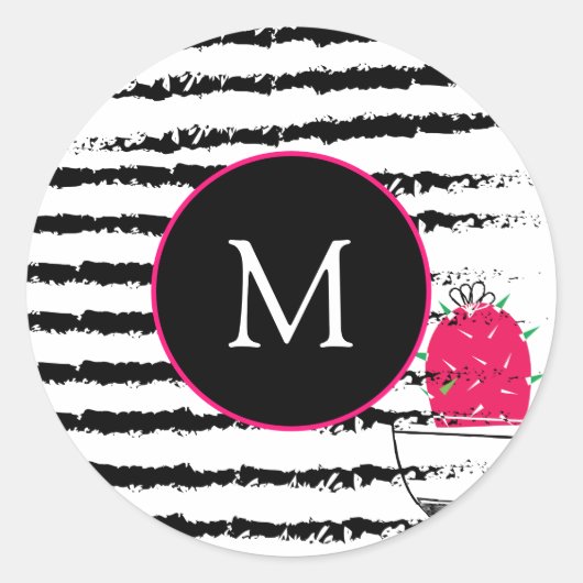 Roze Cactus patroon Monogram Ronde Sticker (Voorkant)