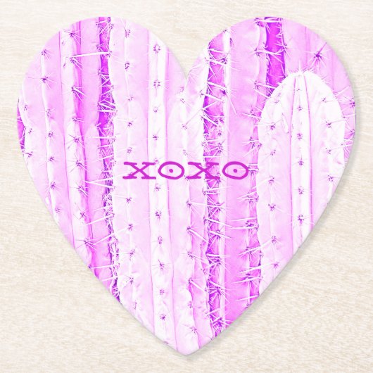 Roze Cactus Saguaro XOXO Heart Love Pricly Kartonnen Onderzetters (Voorkant)