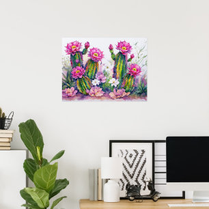 Roze Cactus Woestijn Bloemen Kunst Poster - Arizon