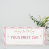 Roze cadeaubon voor eerste auto kaart (Staand voorkant)