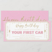 Roze cadeaubon voor eerste auto kaart (Voorkant / Achterkant)
