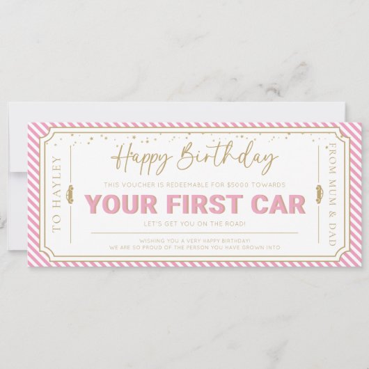 Roze cadeaubon voor eerste auto kaart (Voorkant)