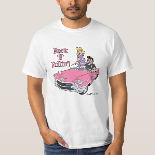 Roze Cadillac met Greaser & Vriendin T-Shirt (Voorkant)