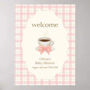 Roze Cafe Bébé Koffie Gingham Baby shower Welkom Poster