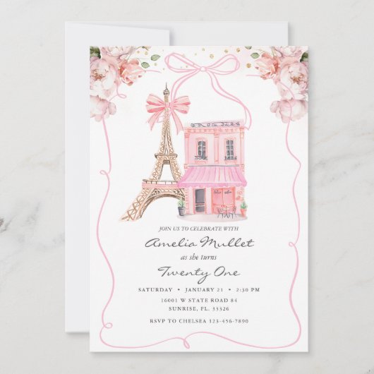 Roze Café Parijs Strik Eiffeltoren Verjaardag Elke Kaart (Voorkant)