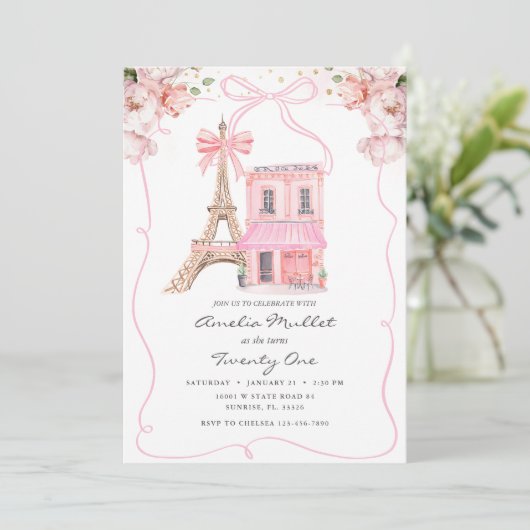 Roze Café Parijs Strik Eiffeltoren Verjaardag Elke Kaart (Staand voorkant)