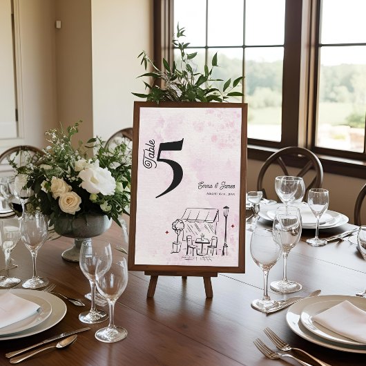 Roze Café Schets Bruiloft Ontvangst Tafel Nummer Bedankkaart