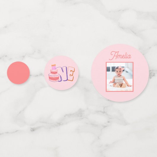 Roze Cake 1st Birthday Tabel Confetti (Achterkanten)