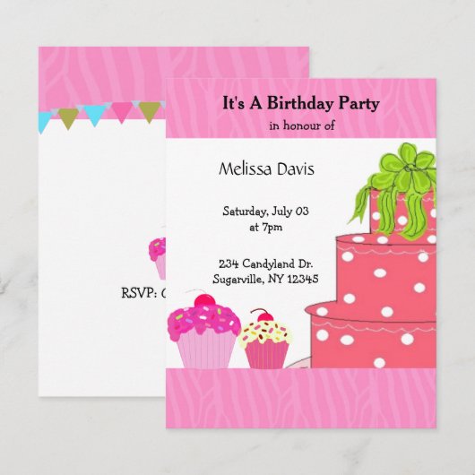 Roze Cake and Cupcakes Birthday Invitation Kaart (Voorkant / Achterkant)
