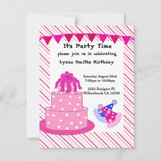Roze Cake and Party Petten Birthday Invitation Kaart (Voorkant)