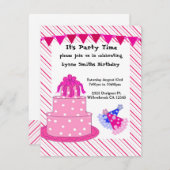 Roze Cake and Party Petten Birthday Invitation Kaart (Voorkant / Achterkant)