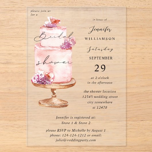 Roze Cake Bruidsfeest Acryl Uitnodigingen (Voorkant)