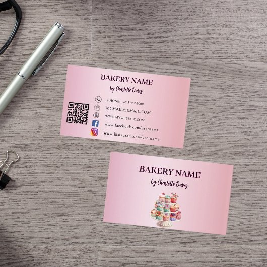 Roze cake gebak cupcakes bakkerij QR code Visitekaartje