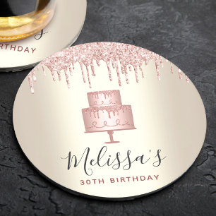 Roze cake glitter druppels elegante meisjesachtige ronde kartonnen onderzetter