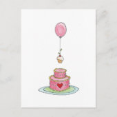 Roze cake met ballon en cupcake briefkaart (Voorkant)
