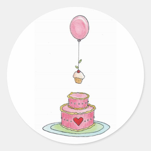Roze cake met ballon en cupcake ronde sticker (Voorkant)