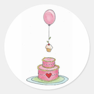 Roze cake met ballon en cupcake ronde sticker