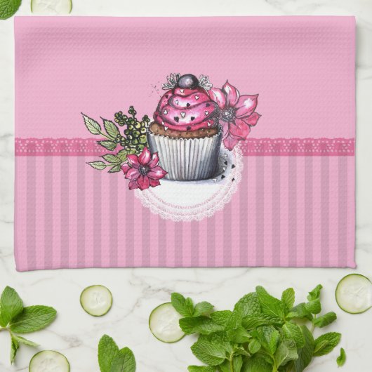 Roze cake met Flowers Kitchen Towel Theedoek (Gevouwen)