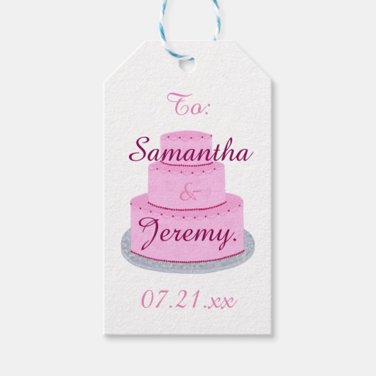 Roze cake met hartjes gepersonaliseerde cadeaubijs cadeaulabel (Voorkant)