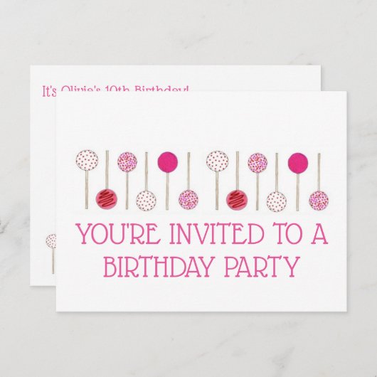 Roze cake pops verjaardagsfeest uitnodiging (Voorkant / Achterkant)