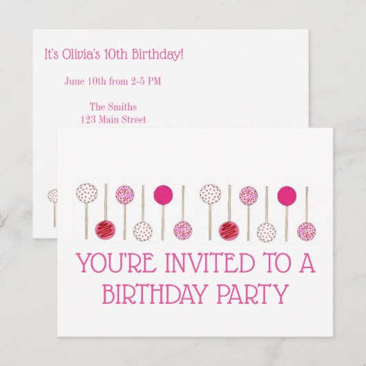 Roze Cake Pops Verjaardagsfeest Uitnodiging Briefkaart (Voorkant / Achterkant)