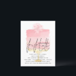 Roze Cake Script Overlay 50th Birthday Invitation Briefkaart<br><div class="desc">Roze bekleding van het Manuscript van de Cake 50th Birthday. De header-fiftieth is in een setstijl met de details onder een overlay op een  bleke roze cake naar de achtergrond op een gouden standaard en een bloem bovenaan. Pas de rest van de tekst eenvoudig aan met uw gegevens.</div>