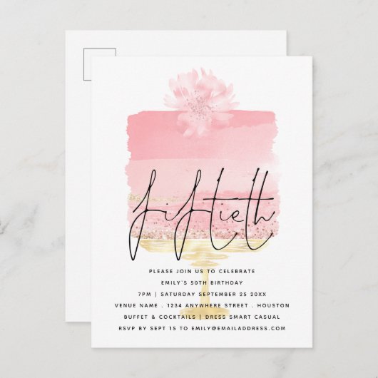 Roze Cake Script Overlay 50th Birthday Invitation Briefkaart (Voorkant / Achterkant)