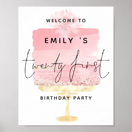 Roze Cake Script Welkom Naam 21e Verjaardagsfeestj Poster (Voorkant)