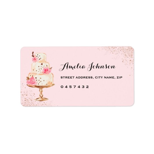 Roze Cake Tea Party Bruiloft Uitnodigingslabels Etiket (Voorkant)