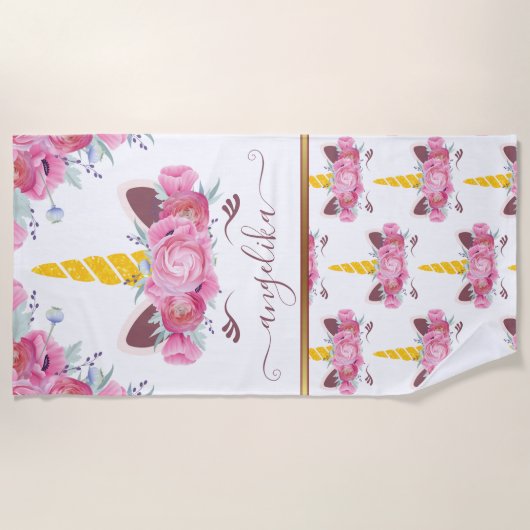 Roze Californische papaver Floral Unicorn Head Strandlaken (Voorkant)