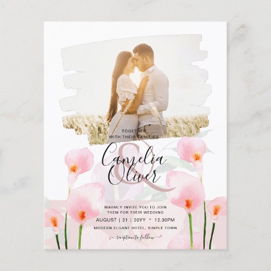 Roze Calla lelie LeahG FOTO Overlay Trouw Uitnodig (Voorkant)