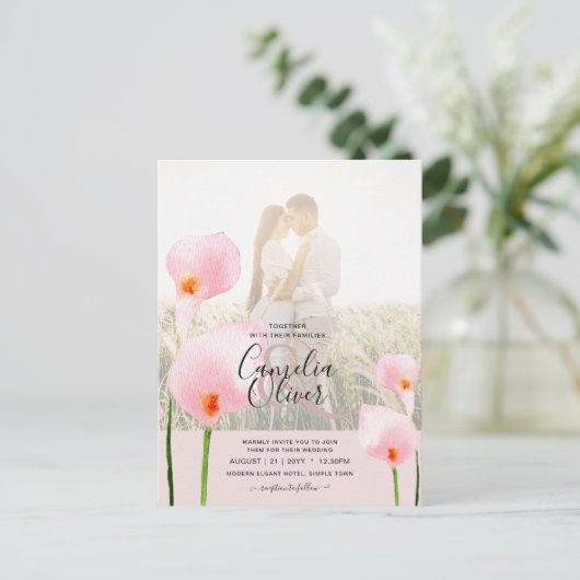 Roze Calla lelie LeahG FOTO Overlay Trouw Uitnodig Briefkaart (Staand voorkant)