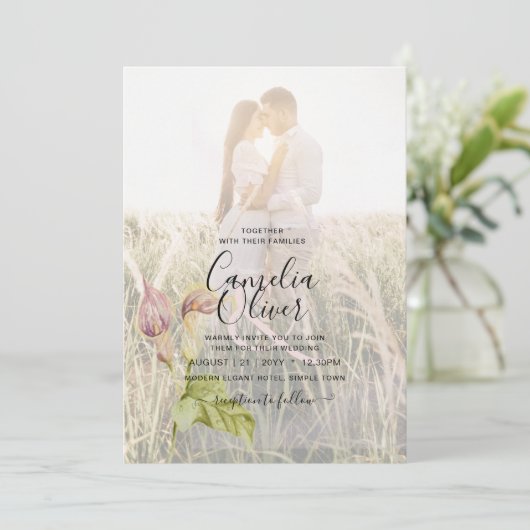 Roze Calla lelie LeahG FOTO Overlay Trouw Uitnodig Kaart (Staand voorkant)