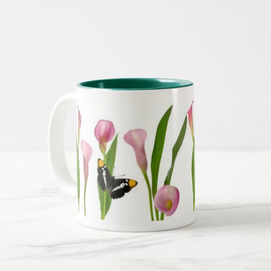 Roze Calla Lilies met Butterflies Tweekleurige Koffiemok (Voorkant links)