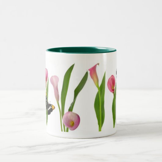 Roze Calla Lilies met Butterflies Tweekleurige Koffiemok (Center)