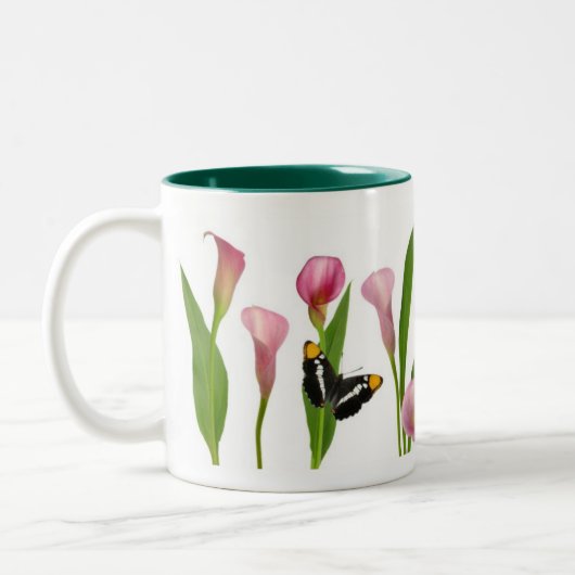 Roze Calla Lilies met Butterflies Tweekleurige Koffiemok (Links)