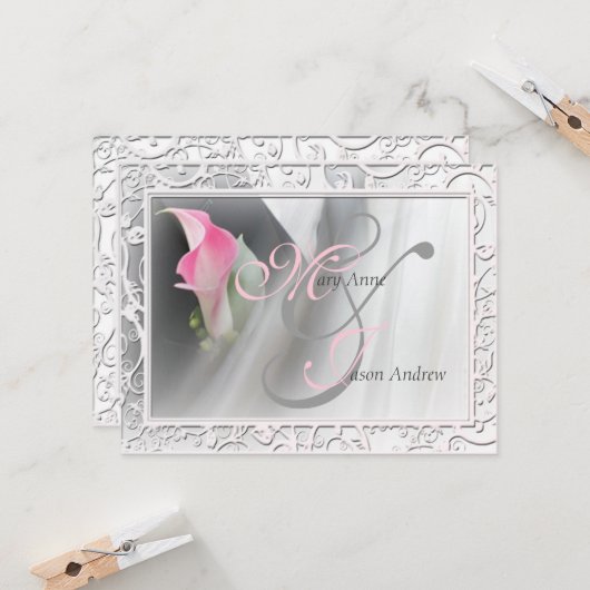 Roze Calla Lily Flourish Lijst Wedding Invitation Kaart (Voorkant / Achterkant in situ)
